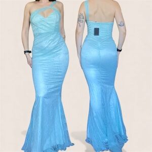 BUY 1 • GET 1 FREE  Michael Costello x Revolve Dress – Blue Lace One-Shoulder